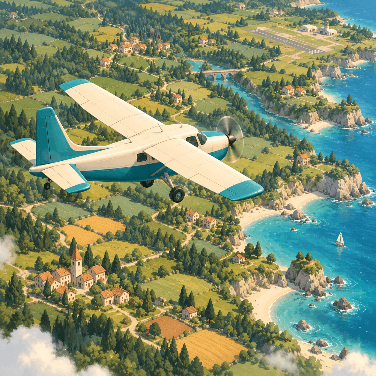 A teal cargo plane flying over little villages, green fields and a turquoise coastline.