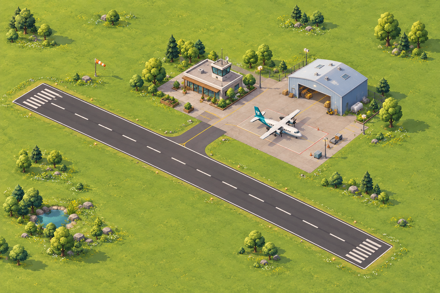 A small airport in a green landscape, with a runway, cargo hangar, control tower, and a teal turboprop.